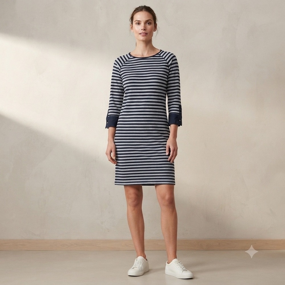 GAP Navy Blue Grey Striped Knit Shift Dress 3/4 Sleeve Button Cuff Preppy Medium